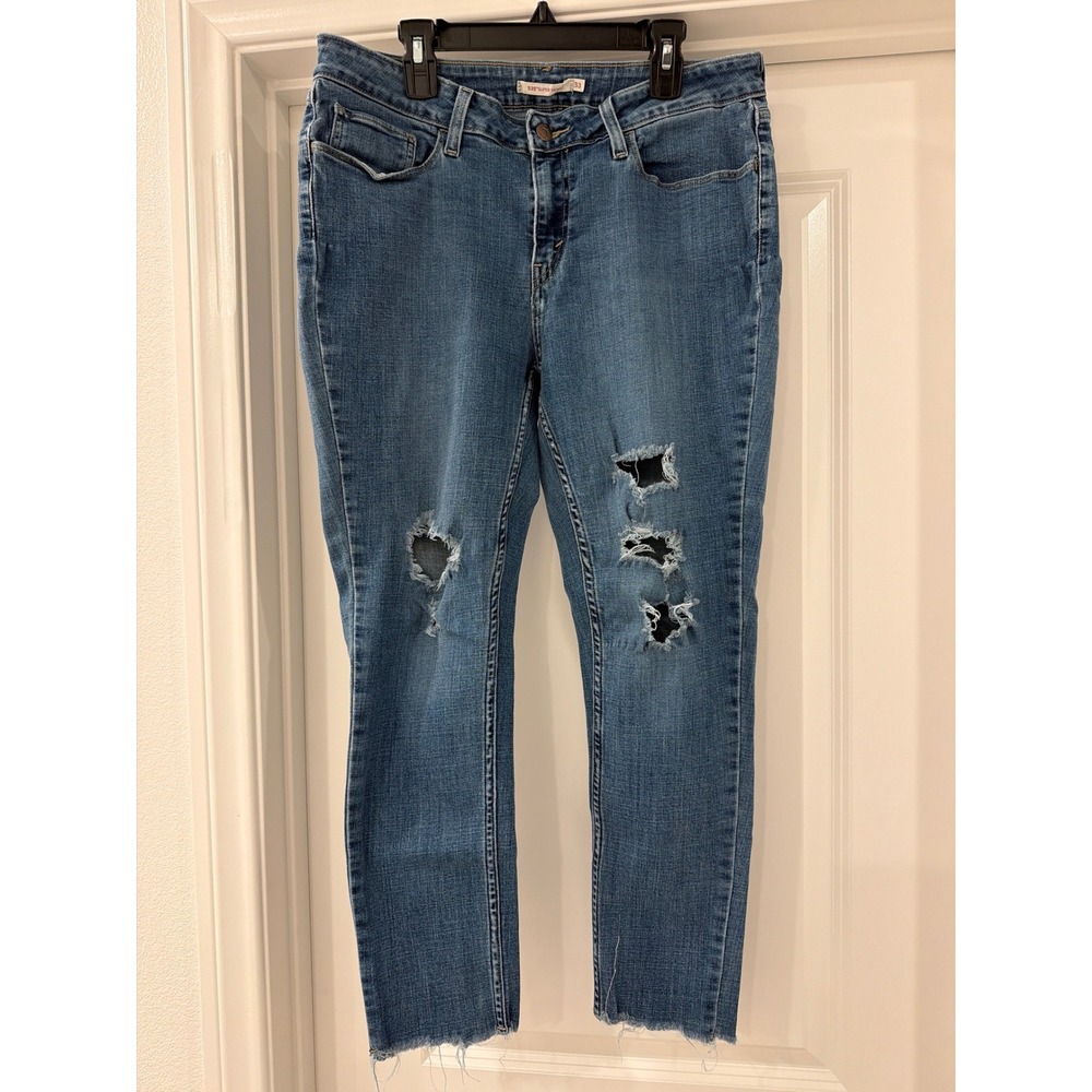 Levis 525 Super Skinny Jeans Womens 33 Medium Wash Distressed Raw Hem Denim